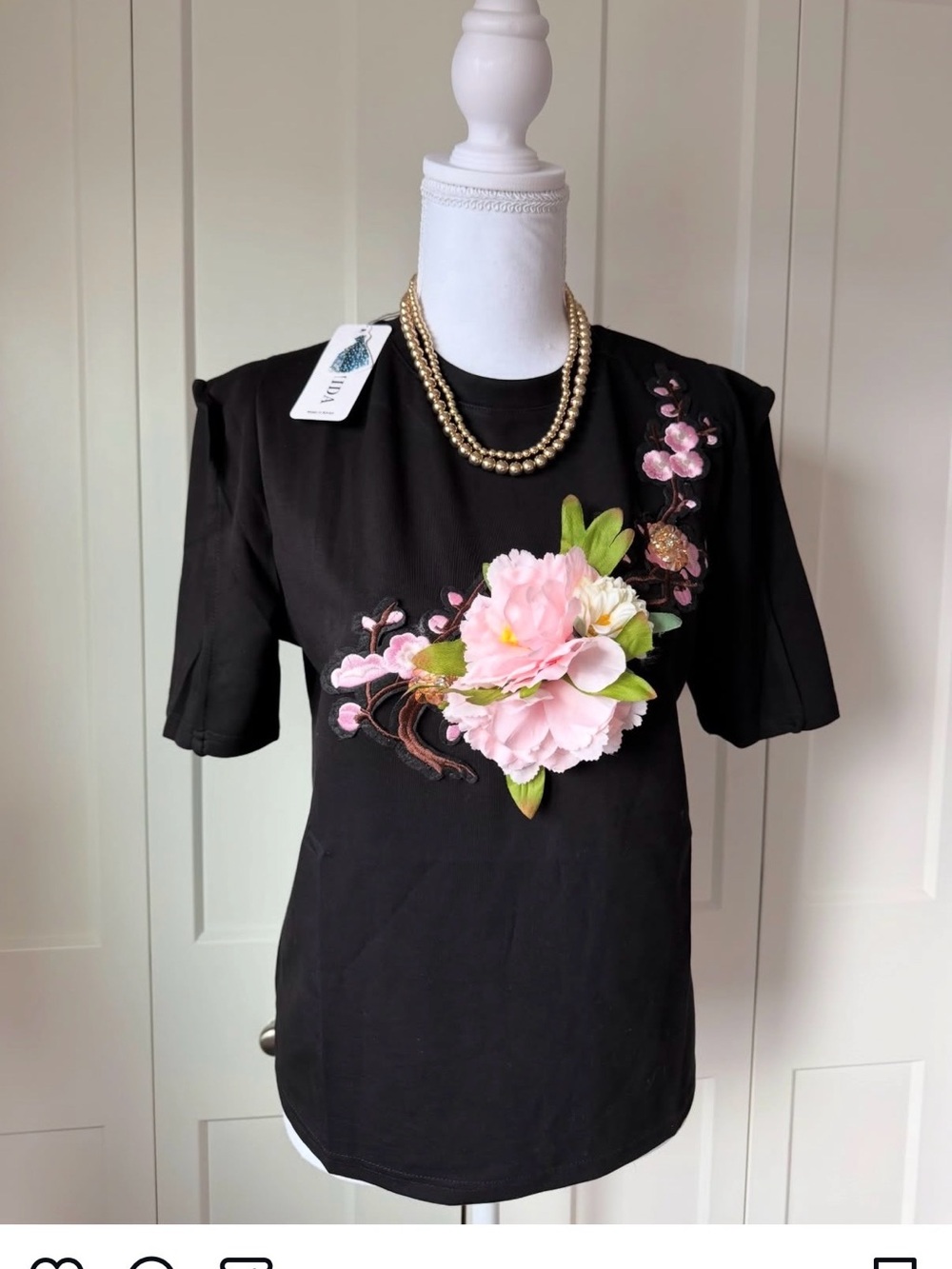 Black Floral Appliqué Tee with Pink Blooms - Women's Top